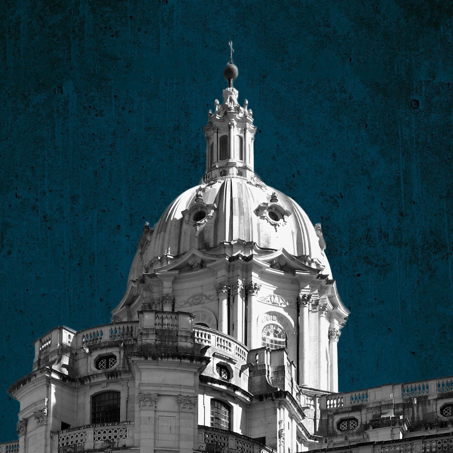 A black and white, high contrast photo of the Basilica of Our Lady and Saint Anthony of Mafra appears in front of a deep blue concrete background.